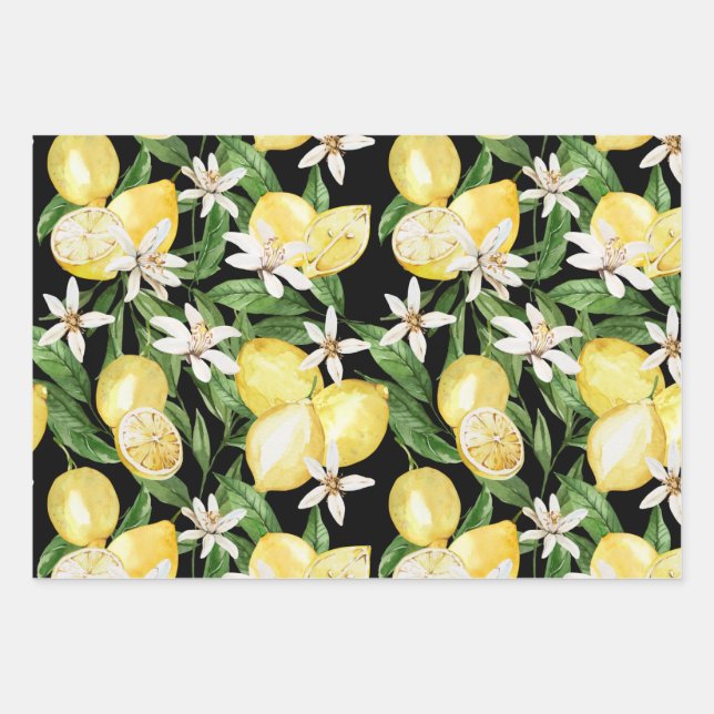 Summer Lemon blossom pattern on black Wrapping Paper Sheet (Front)
