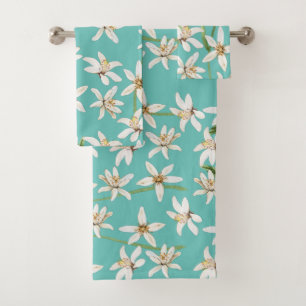 Summer Lemon blossom pattern on teal Bath Towel Set