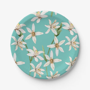 Summer Lemon blossom pattern on teal  Paper Plate