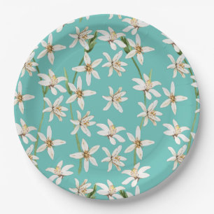 Summer Lemon blossom pattern on teal  Paper Plate