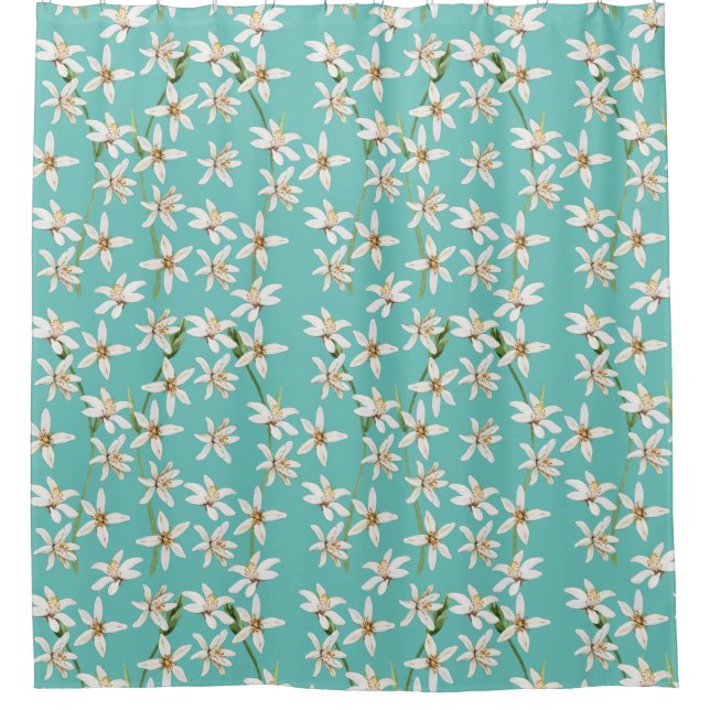 Summer Lemon blossom pattern on teal  Shower Curtain (Front)