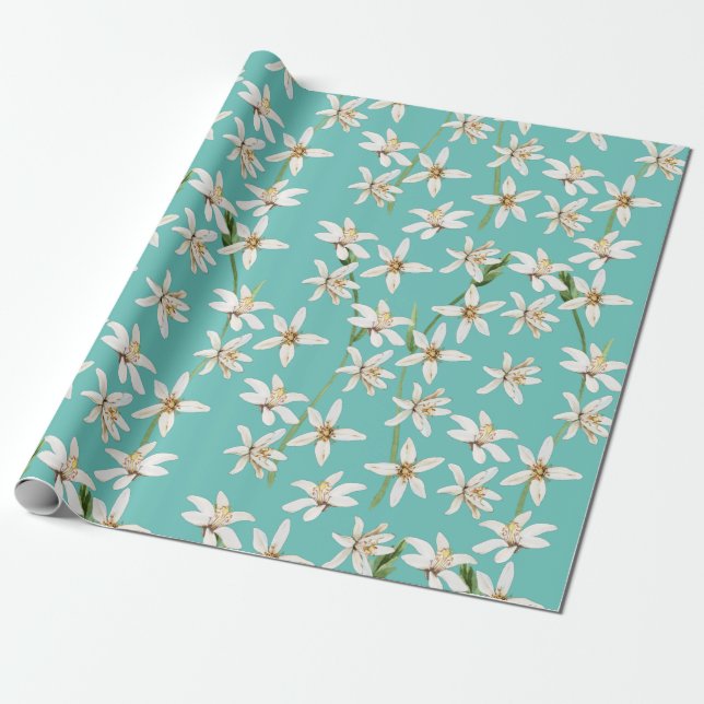 Summer Lemon blossom pattern on teal  Wrapping Paper (Unrolled)