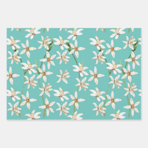 Summer Lemon blossom pattern on teal  Wrapping Paper Sheet