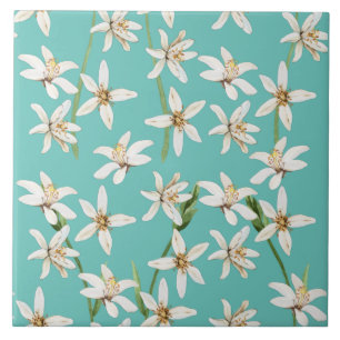 Summer Lemon blossom seamless pattern on teal Ceramic Tile