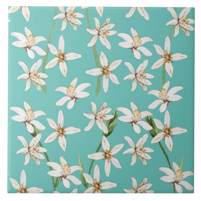 Summer Lemon blossom seamless pattern on teal  Ceramic Tile (Front)
