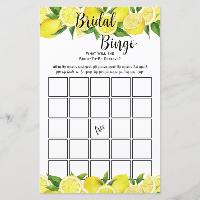 Summer Lemon Citrus Bridal Shower Bingo Party Game (Front)