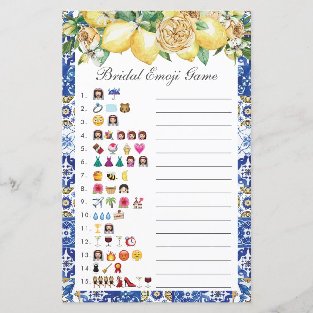 Summer Lemon Floral Bridal Shower Picture Game (Front)