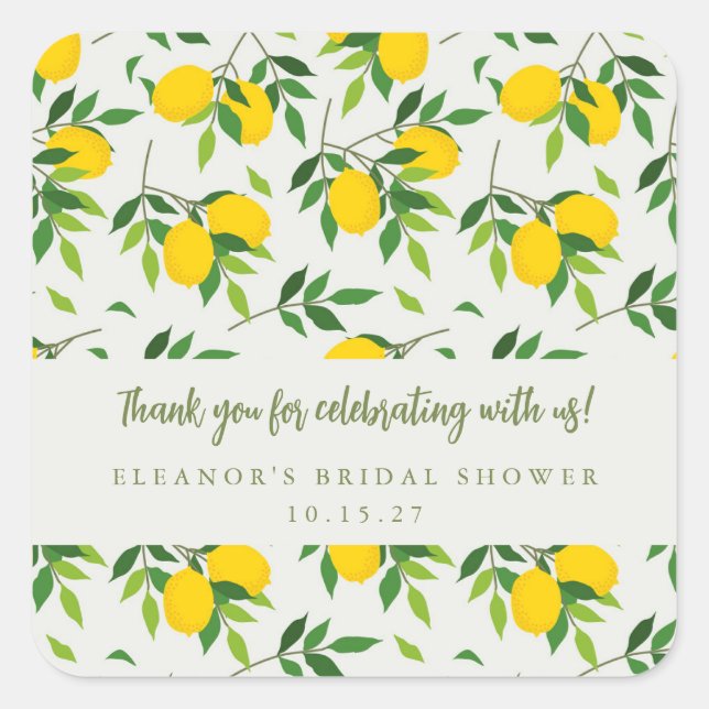 Summer Lemon Fruit Custom Bridal Shower Thank You Square Sticker (Front)