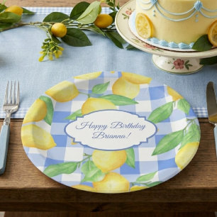 Summer Lemon Gingham Birthday Paper Plate