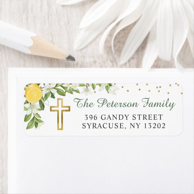 Summer Lemon Greenery Religious Return Address Label (Insitu)
