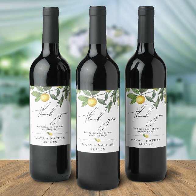 Summer Lemon Greenery Thank You Wedding Wine Label (Summer Lemon Greenery Thank You Wedding Wine Label)