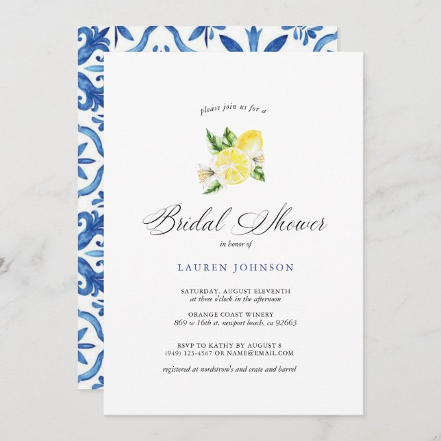 Summer Lemon & Mediterranean Tiles Bridal Invitation (Front/Back)