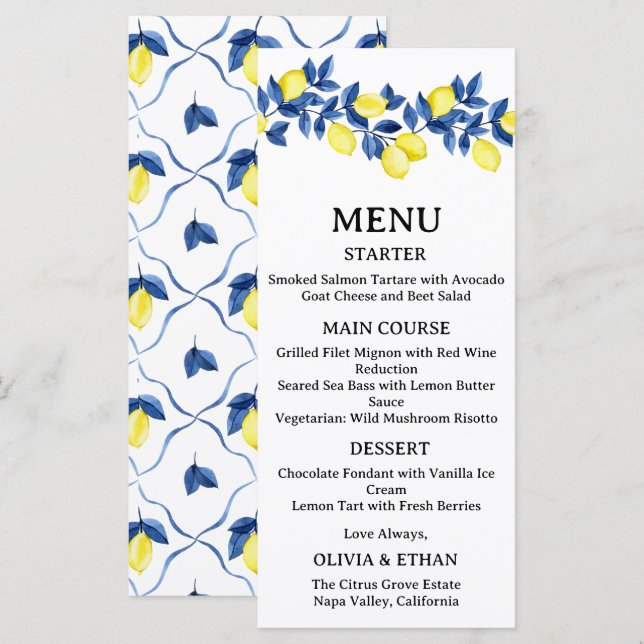 Summer Lemon Mediterranean Wedding Menu (Front/Back)
