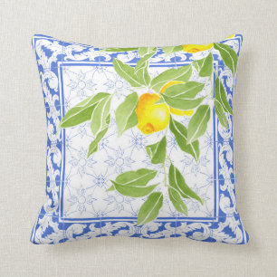 Summer Lemon on Portuguese Blue and White Azulejo Cushion