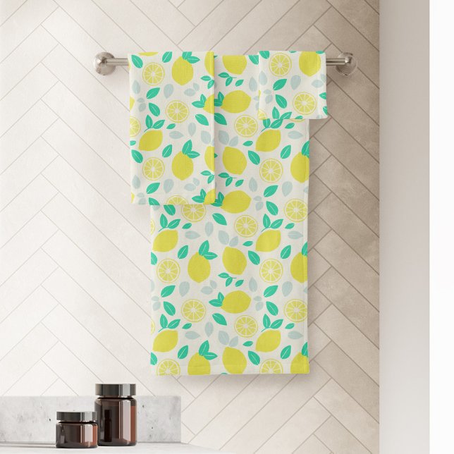 Summer Lemon Pattern in Cream Bath Towel Set (Summer Lemon Patterned Bath Towel Set)