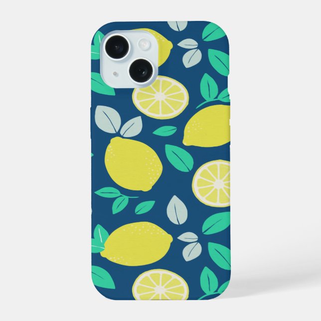 Summer Lemon Pattern in Navy Blue iPhone 15 Case (Back)