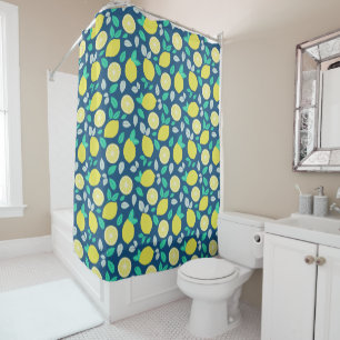 Summer Lemon Pattern in Navy Blue Shower Curtain