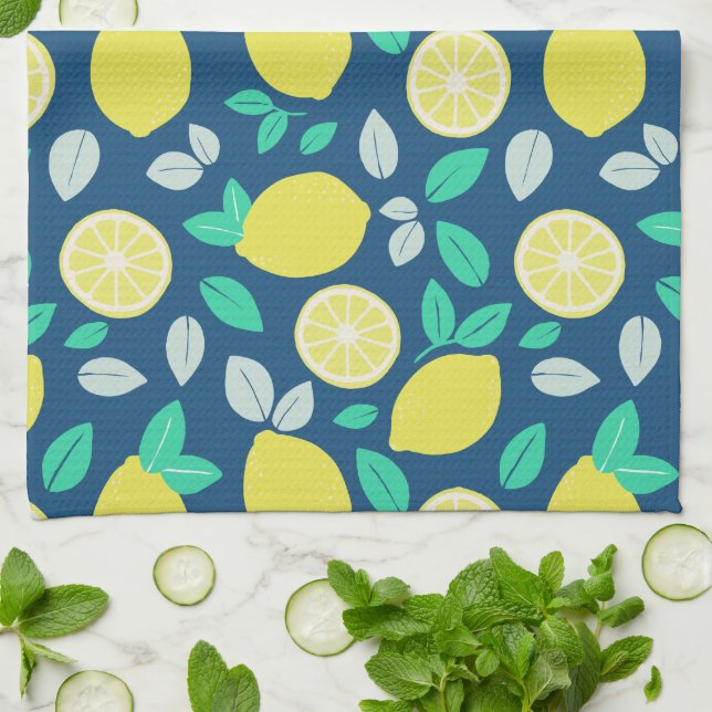 Summer Lemon Pattern in Navy Blue Tea Towel (Folded)