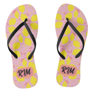 Summer Lemon Pattern Initial Yellow Pink Lemonade Thongs
