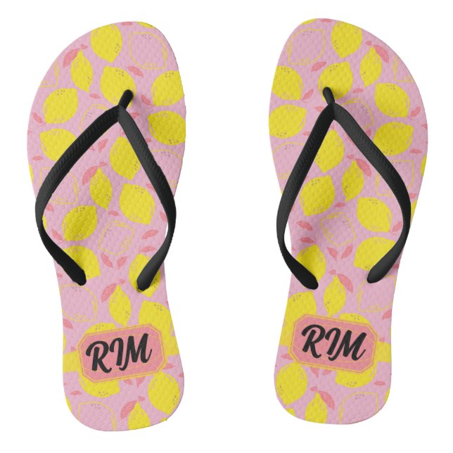 Summer Lemon Pattern Initial Yellow Pink Lemonade Thongs (Footbed)