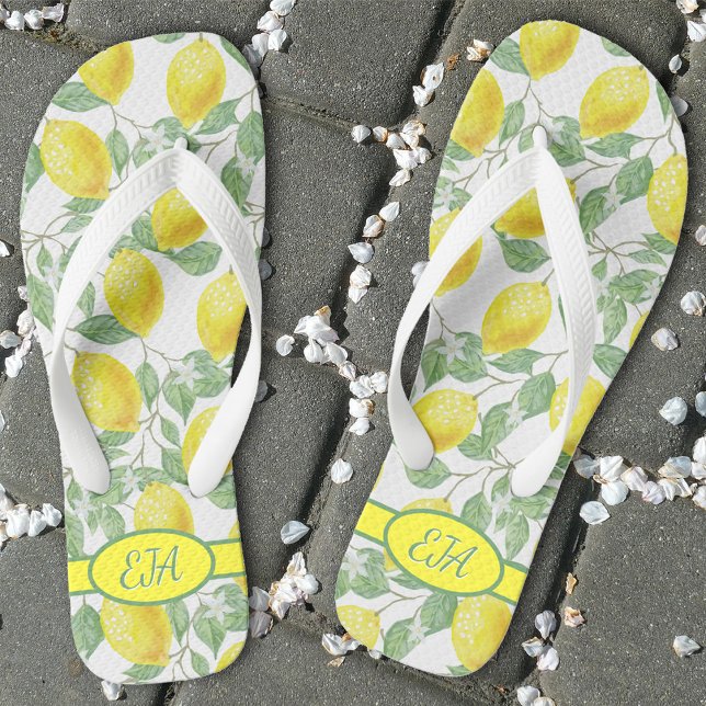 Summer Lemon Pattern Initial Yellow White Lemonade Thongs (Creator Uploaded)