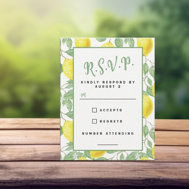 Summer Lemon Tree Botanical Cheerful Yellow Green RSVP Card (Sunny botanical lemon pattern wedding RSVP response cards)