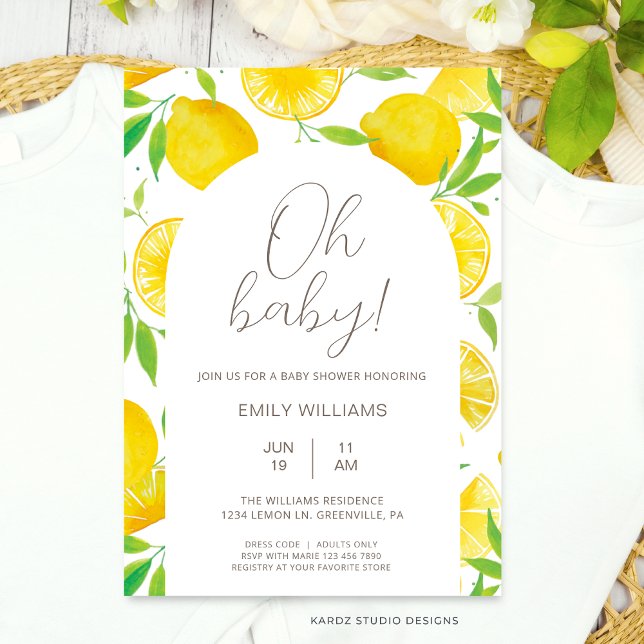 Summer Lemon Watercolor Baby Shower Invitation (This Lemon Baby Shower Invitation is shown in size 5 x 7 in. Other sizes and digital available.)