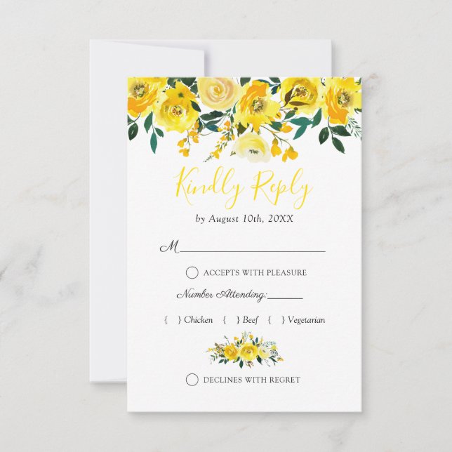 Summer Lemon Yellow Floral Wedding RSVP Card (Front)
