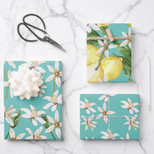 Summer Lemons and blossom patterns on teal Wrapping Paper Sheet