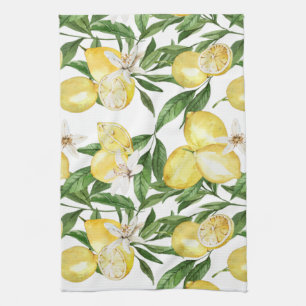 Summer lemons and lemon blossom pattern  tea towel