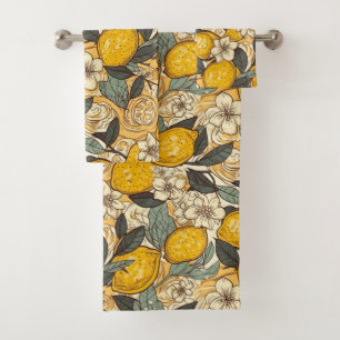 Summer Lemons and White Flowers Bath Towel Set