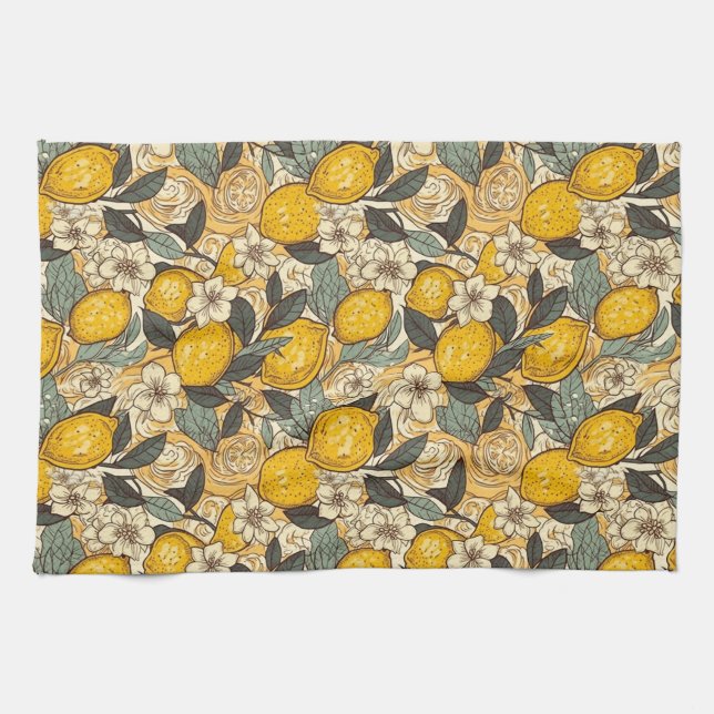 Summer Lemons and White Flowers Tea Towel (Horizontal)