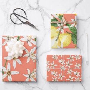 Summer Lemons blossom patterns on orange Wrapping Paper Sheet