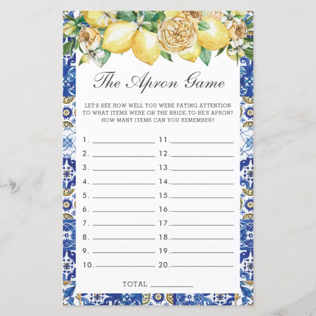 Summer Lemons Floral Bridal Shower The Apron Game (Front)