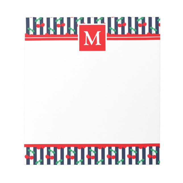 Summer Light Blue & Red Cherries Monogram Notepad (Front)