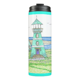 Summer Lighthouse 3; Thermal Tumbler; Bright Aqua Tumbler