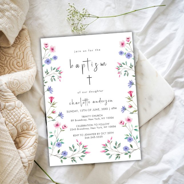 Summer Little Wildflower Cross Christening Baptism Invitation (Summer Little Wildflower Cross Christening Baptism Invitation)
