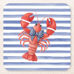 Summer Lobster with Bow and Stripes Square Paper Coaster
