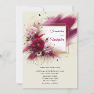 Summer magenta flowers and faux gold frame wedding invitation