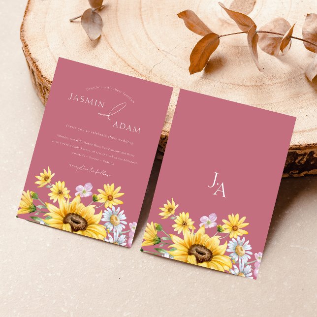 Summer Magenta Pink Sunflowers Monogram Wedding Invitation (Summer Magenta Pink Sunflowers Monogram Wedding Invitation)