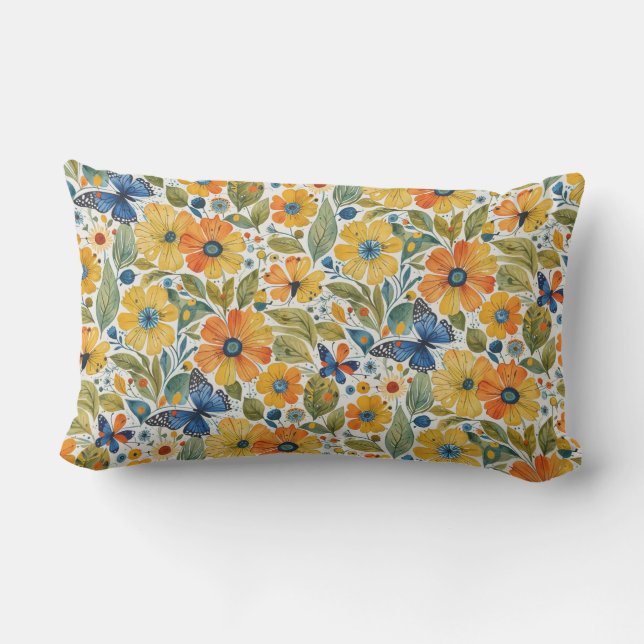 Summer Magic Gold and Blue Floral Lumbar Cushion (Back)