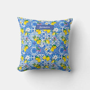Summer majolica blue Sicilian citrus Mediterranean Cushion