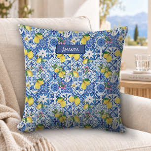 Summer majolica blue Sicilian citrus Mediterranean Cushion