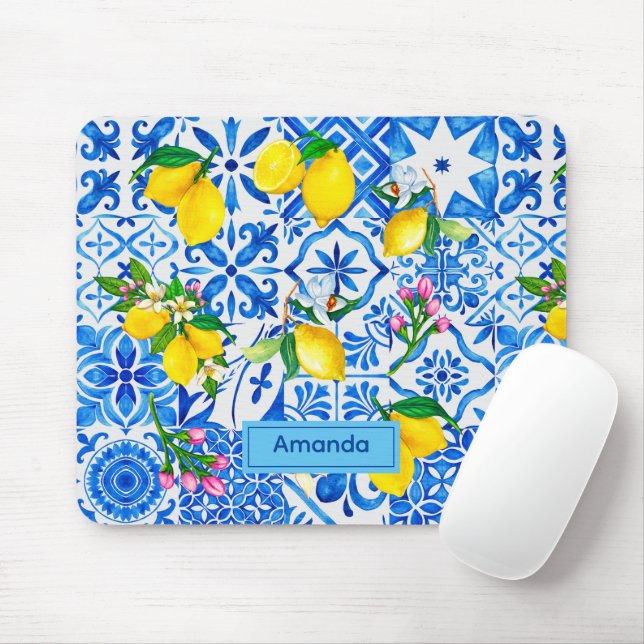 Summer majolica blue Sicilian citrus Mediterranean Mouse Pad (With Mouse)