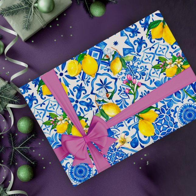 Summer majolica blue Sicilian citrus Mediterranean Wrapping Paper (Creator Uploaded)