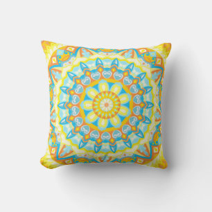 Summer Mandala Bright Yellow Orange Boho Floral Cushion
