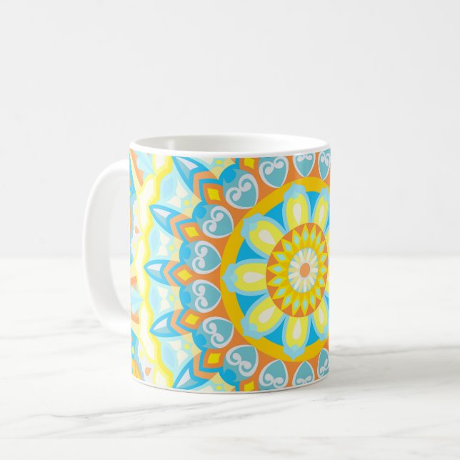 Summer Mandala Yellow Orange Blue Boho Floral Coffee Mug (Front Left)