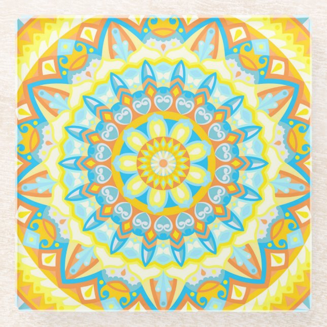 Summer Mandala Yellow Orange Boho Floral Bright Glass Coaster (Front)