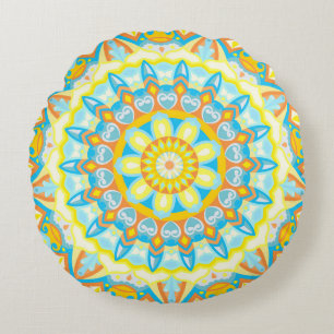 Summer Mandala Yellow Orange Boho Floral Bright Round Cushion