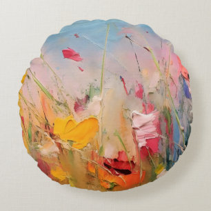 Summer Meadow – Expressive Abstract Wildflowers Round Cushion